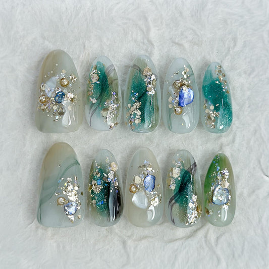 Mystic Plumage | Luxury Press On Nails | Teal Marble with Crystal Accents & Gold Foil