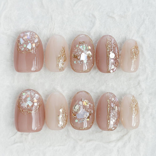 Opal Blush | Luxury Press On Nails | Blush Shimmer with Gold Foil Accents