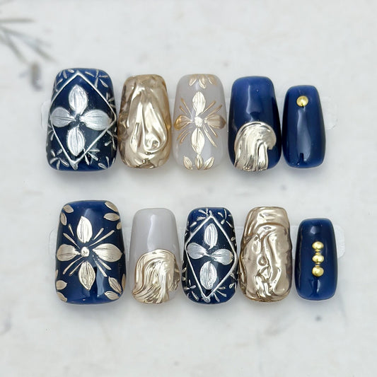 Midnight Baroque | Luxury Press On Nails | Deep Blue with Gold Hand-Painted Floral Accents