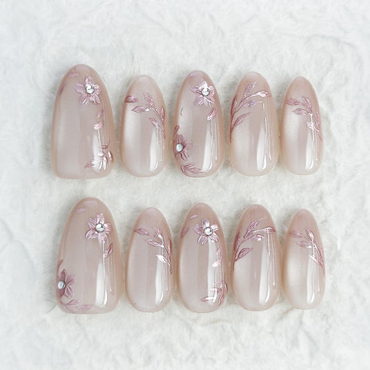 Rosewater | Luxury Press On Nails | Blush Pink with Rose Gold Floral Accents