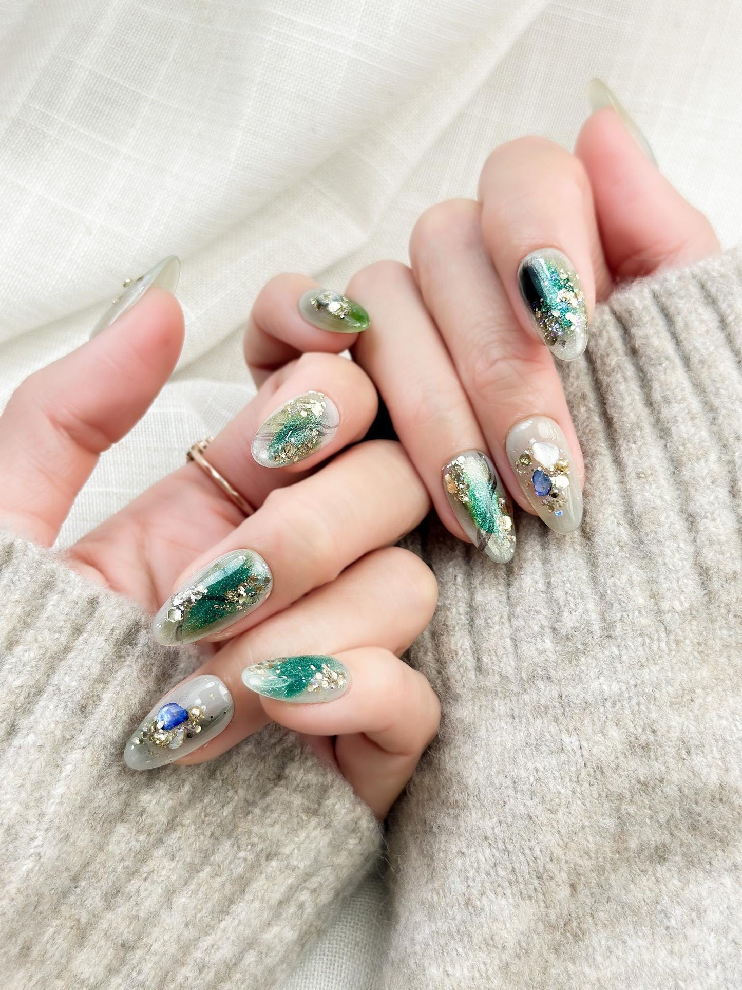 Mystic Plumage | Luxury Press On Nails | Teal Marble with Crystal Accents & Gold Foil