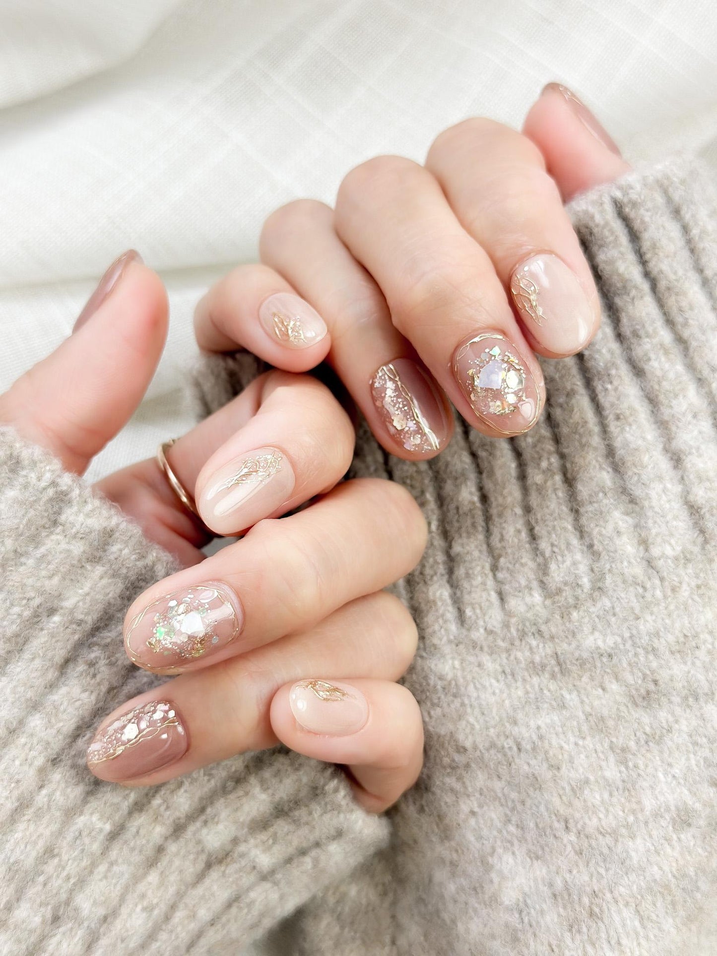 Opal Blush | Luxury Press On Nails | Blush Shimmer with Gold Foil Accents