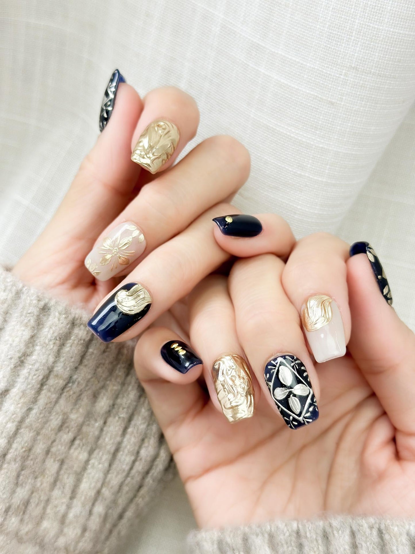 Midnight Baroque | Luxury Press On Nails | Deep Blue with Gold Hand-Painted Floral Accents