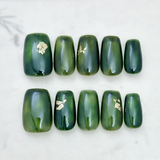 Gilded Jade | Luxury Press On Nails | Deep Green Marble with Gold Foil Accent