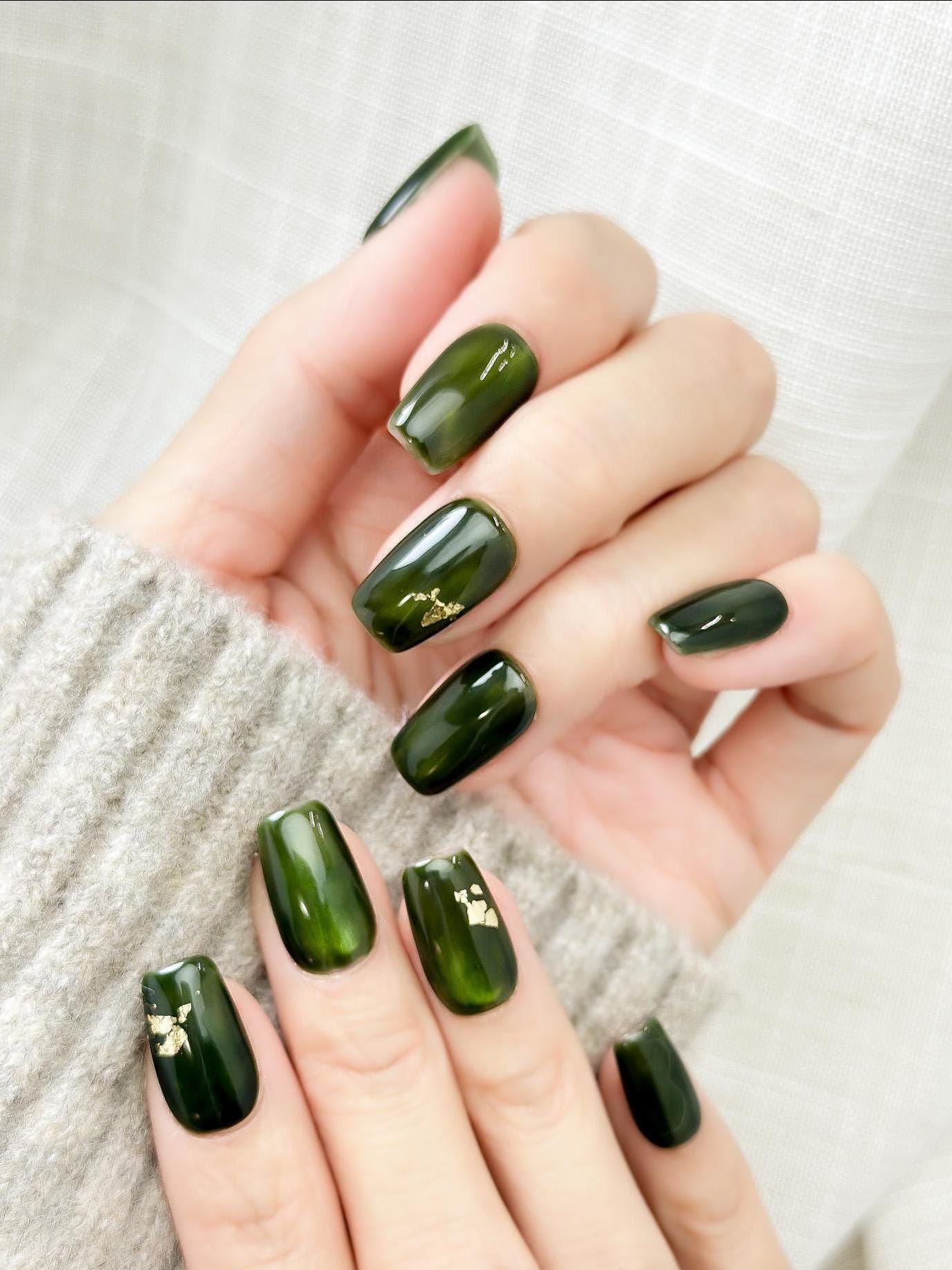 Gilded Jade | Luxury Press On Nails | Deep Green Marble with Gold Foil Accent