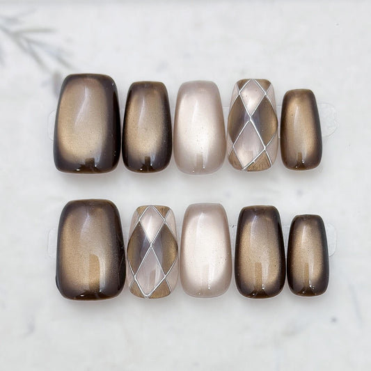 Cocoa Cashmere | Luxury Press On Nails | Cocoa Brown Cat Eye Argyle Accent