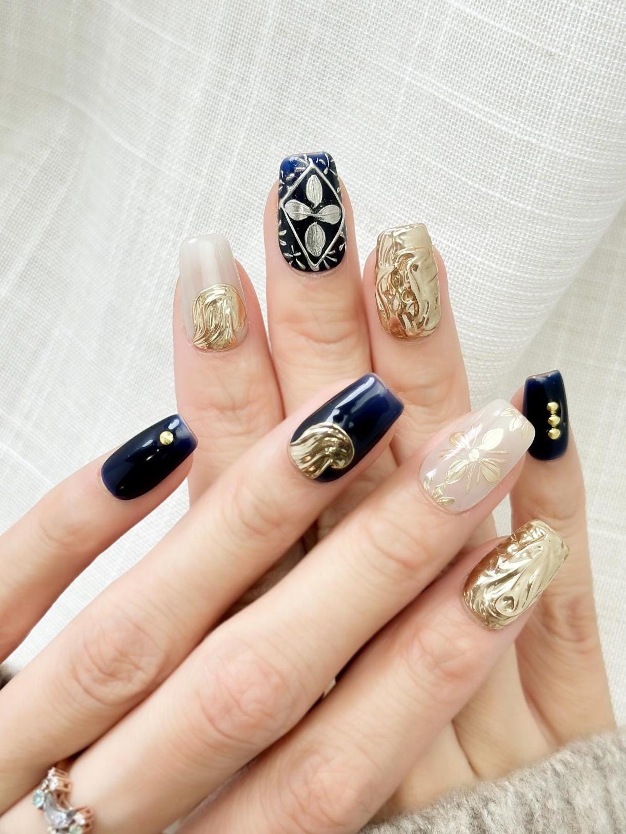 Midnight Baroque | Luxury Press On Nails | Deep Blue with Gold Hand-Painted Floral Accents