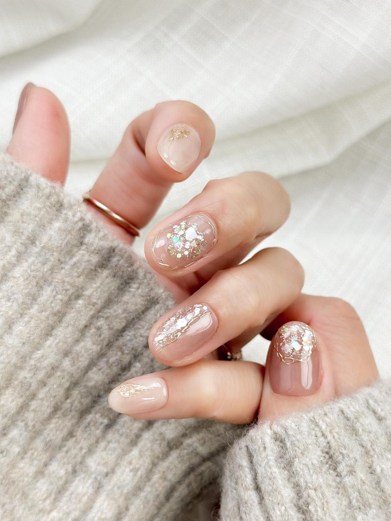 Opal Blush | Luxury Press On Nails | Blush Shimmer with Gold Foil Accents