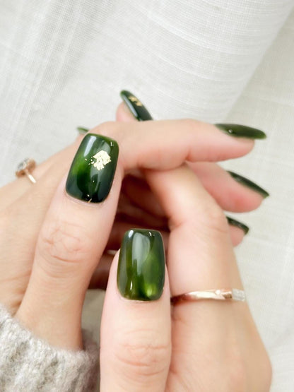 Gilded Jade | Luxury Press On Nails | Deep Green Marble with Gold Foil Accent