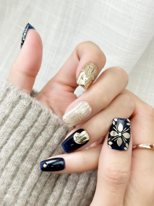 Midnight Baroque | Luxury Press On Nails | Deep Blue with Gold Hand-Painted Floral Accents