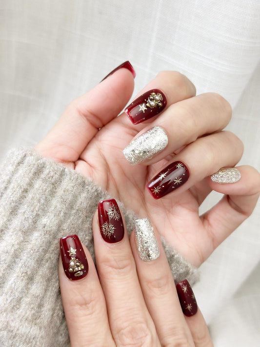 Crimson Noel | Luxury Press On Nails | Red and Silver Christmas Tree Holiday Style Press On Nails