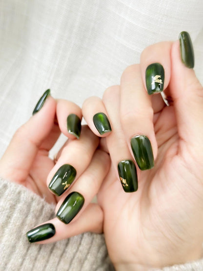 Gilded Jade | Luxury Press On Nails | Deep Green Marble with Gold Foil Accent