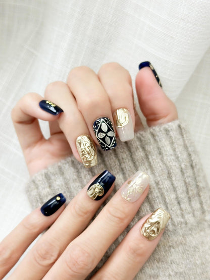 Midnight Baroque | Luxury Press On Nails | Deep Blue with Gold Hand-Painted Floral Accents