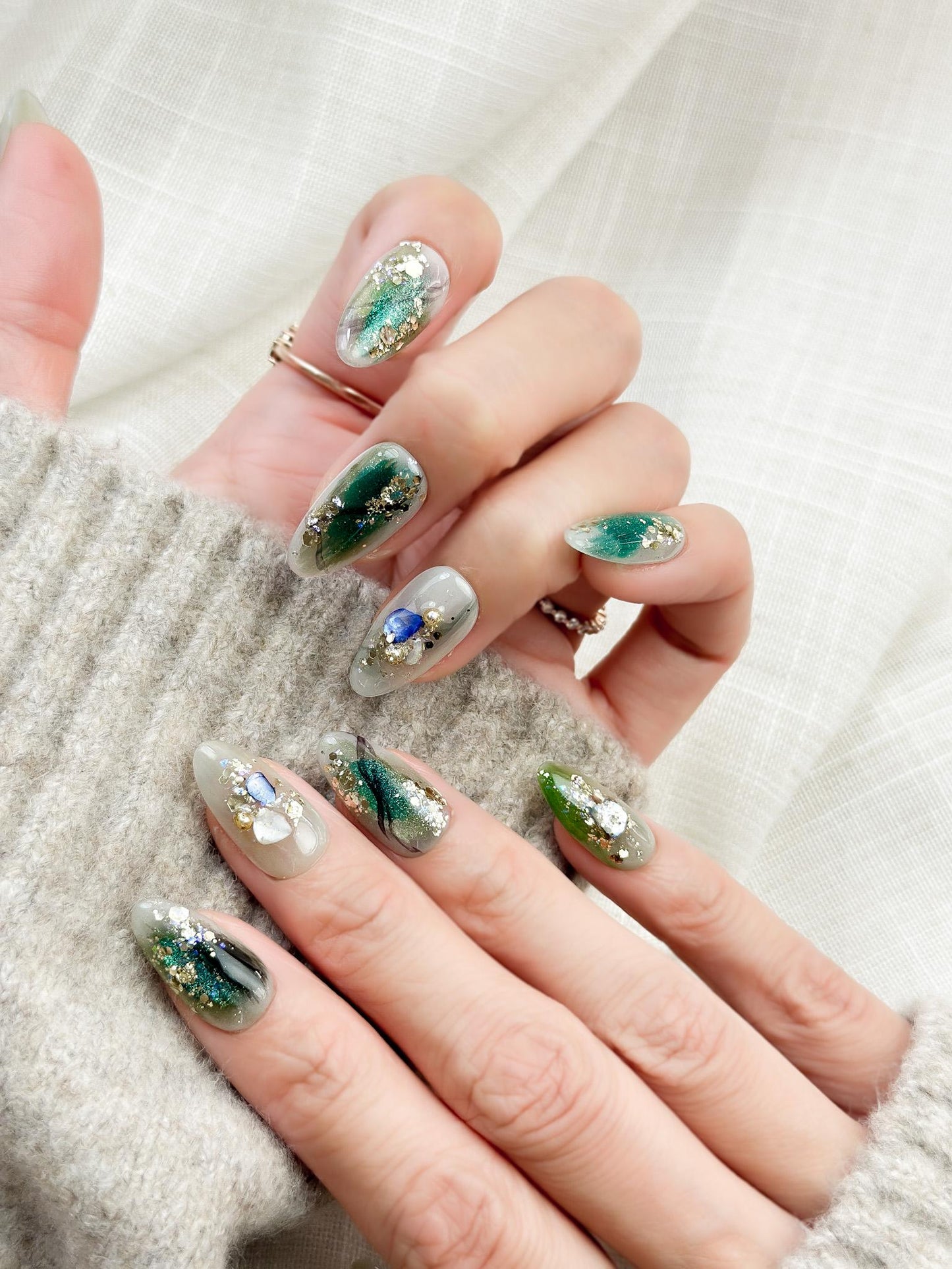 Mystic Plumage | Luxury Press On Nails | Teal Marble with Crystal Accents & Gold Foil