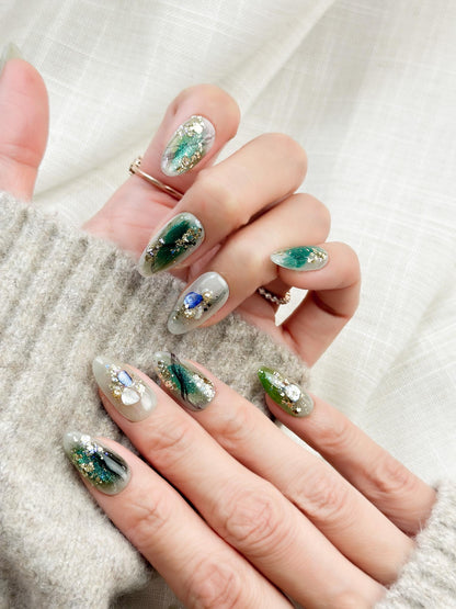 Mystic Plumage | Luxury Press On Nails | Teal Marble with Crystal Accents & Gold Foil