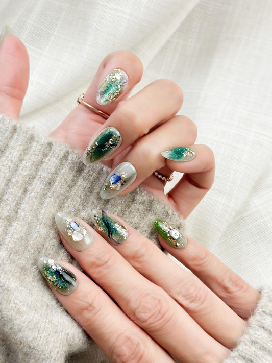Mystic Plumage | Luxury Press On Nails | Teal Marble with Crystal Accents & Gold Foil