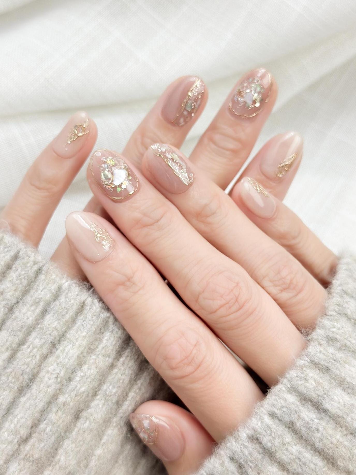 Opal Blush | Luxury Press On Nails | Blush Shimmer with Gold Foil Accents