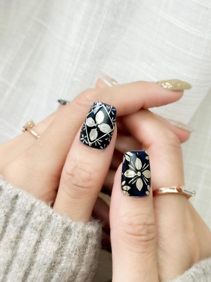 Midnight Baroque | Luxury Press On Nails | Deep Blue with Gold Hand-Painted Floral Accents