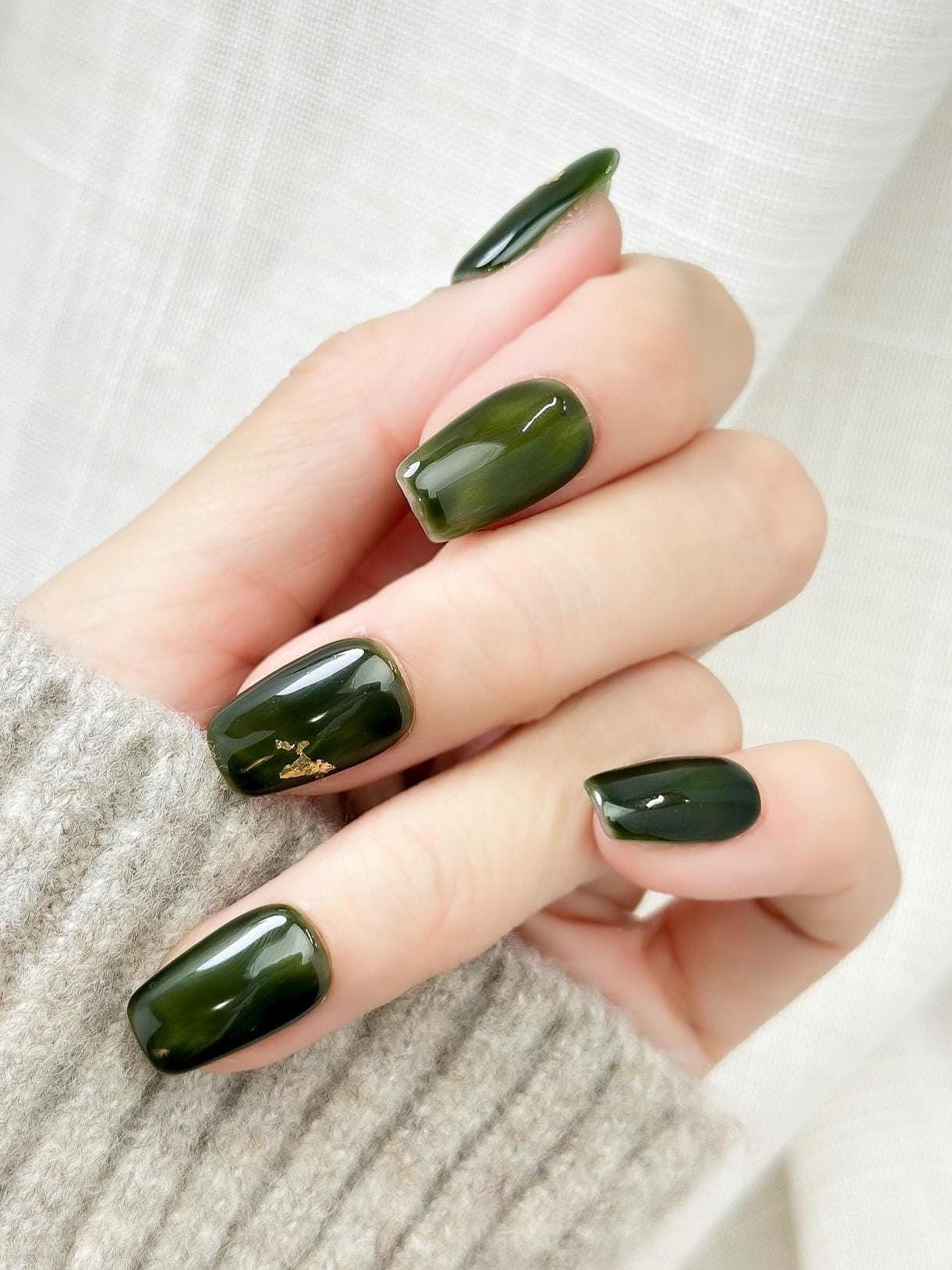Gilded Jade | Luxury Press On Nails | Deep Green Marble with Gold Foil Accent