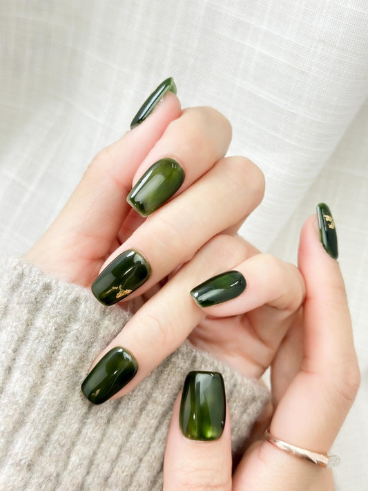 Gilded Jade | Luxury Press On Nails | Deep Green Marble with Gold Foil Accent