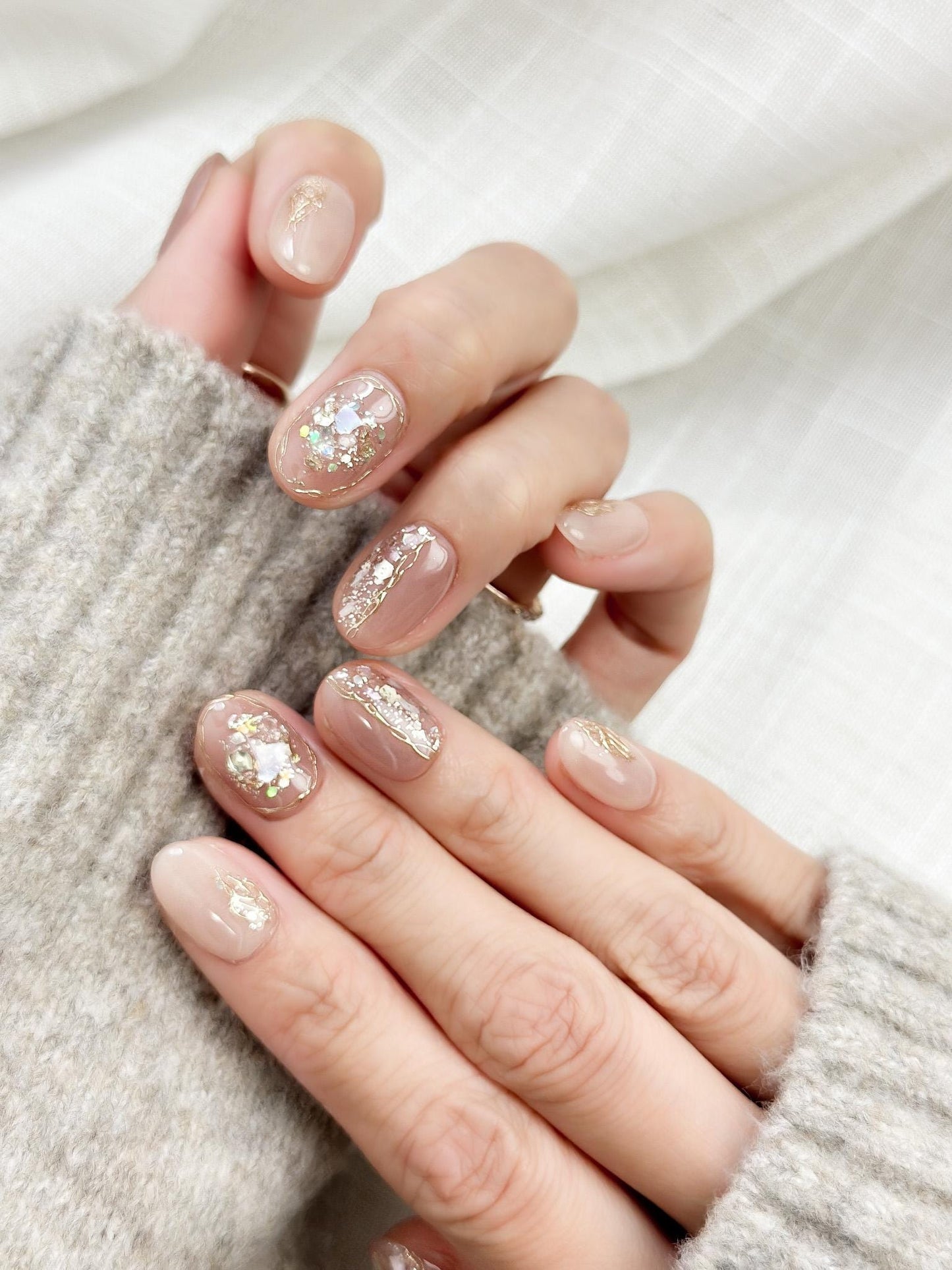 Opal Blush | Luxury Press On Nails | Blush Shimmer with Gold Foil Accents
