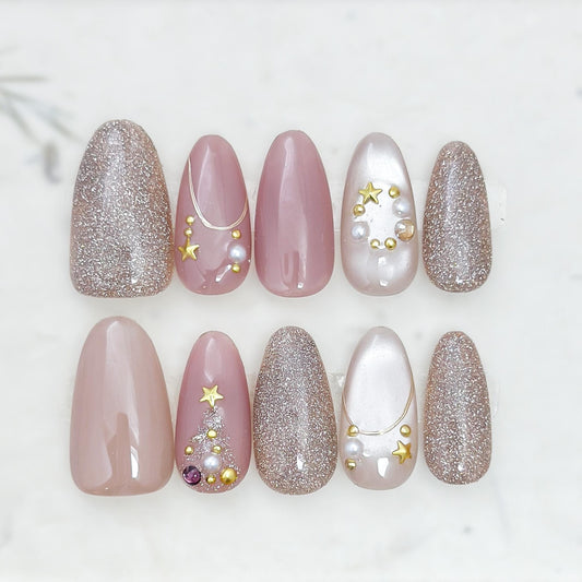 Blushing Baubles | Luxury Press On Nails | Pink & Gold Christmas Holiday Style with Pearl Accents