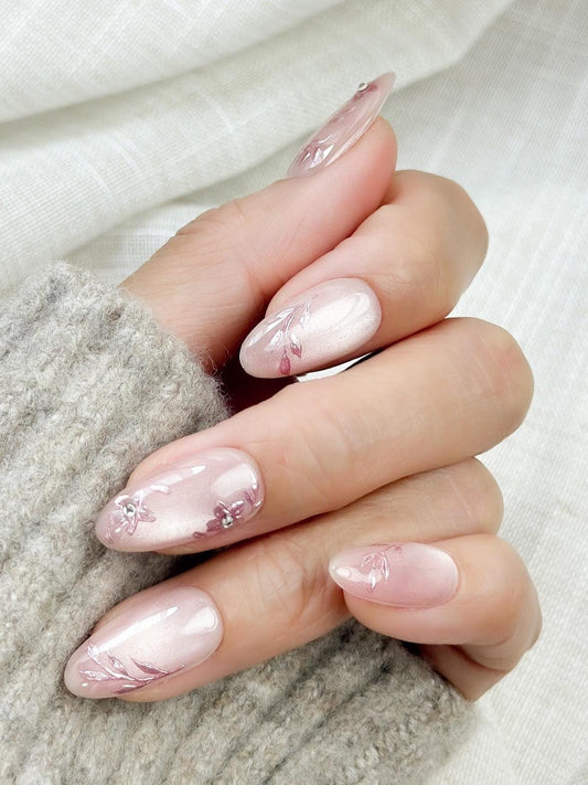Rosewater | Luxury Press On Nails | Blush Pink with Rose Gold Floral Accents