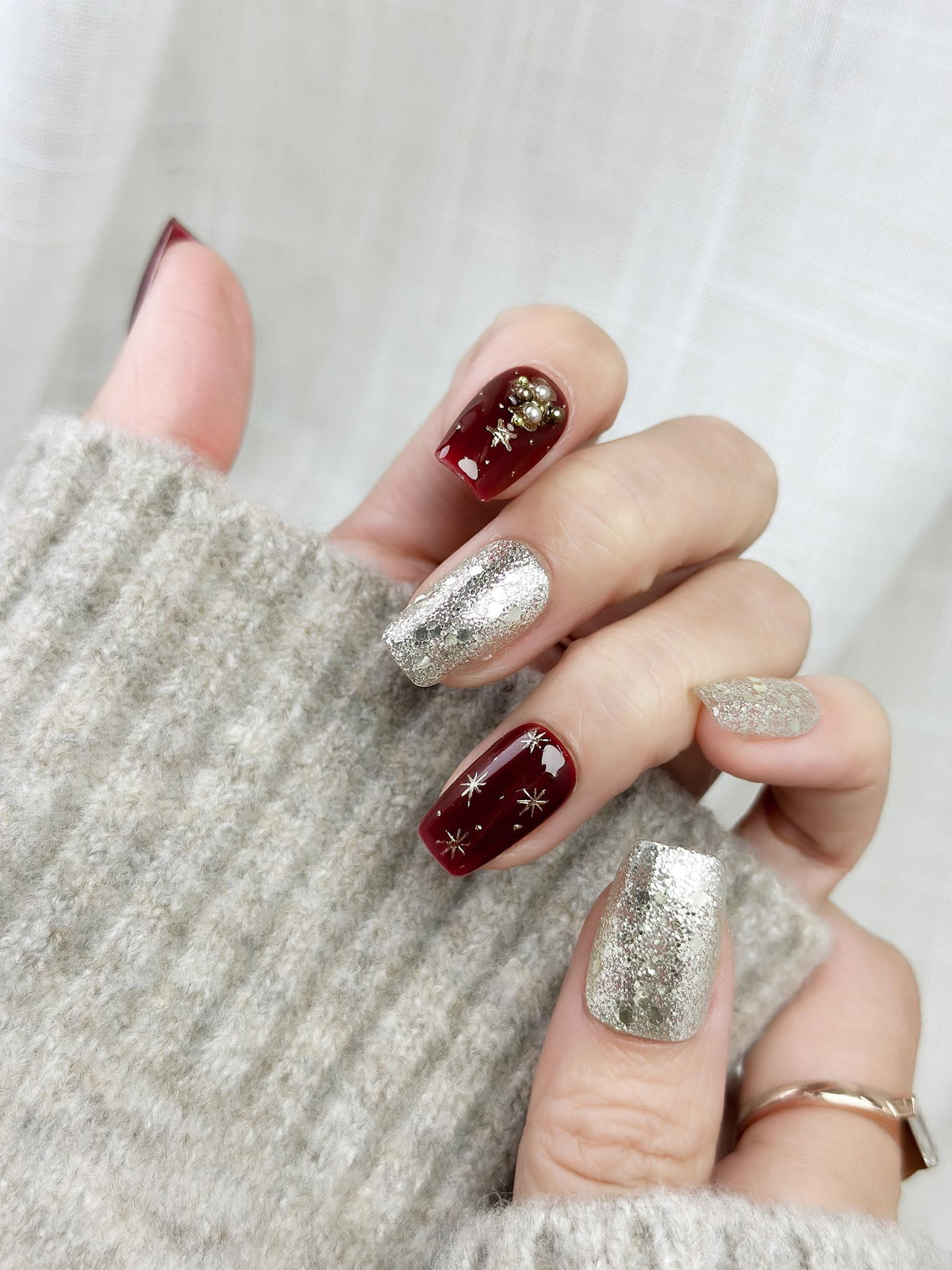 Crimson Noel | Luxury Press On Nails | Red and Silver Christmas Tree Holiday Style Press On Nails