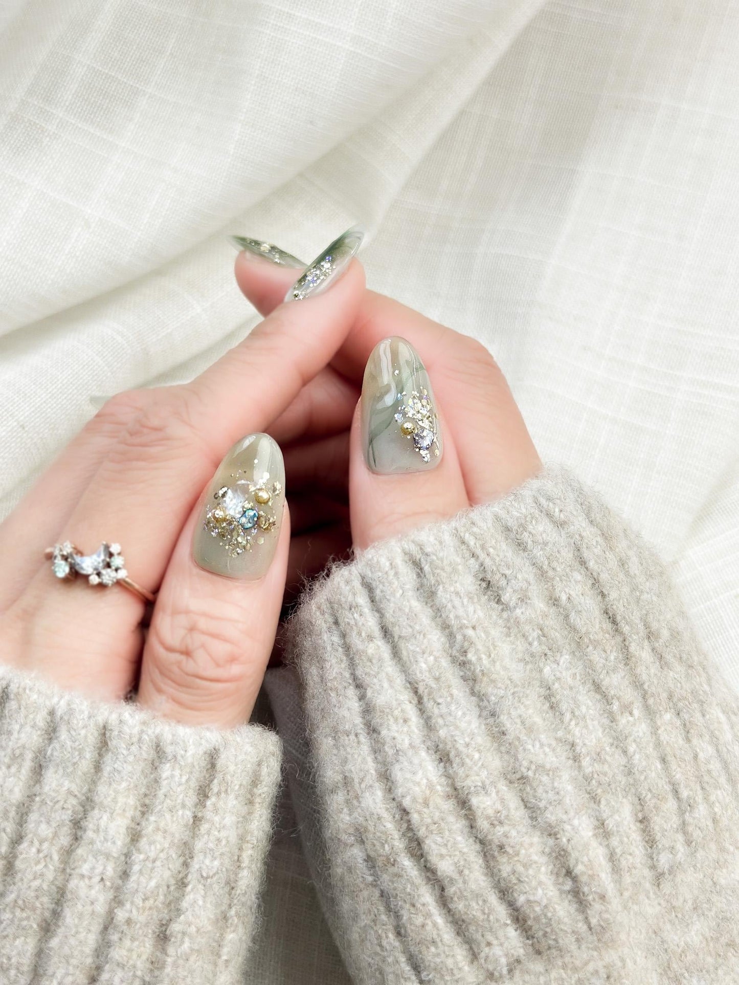 Mystic Plumage | Luxury Press On Nails | Teal Marble with Crystal Accents & Gold Foil