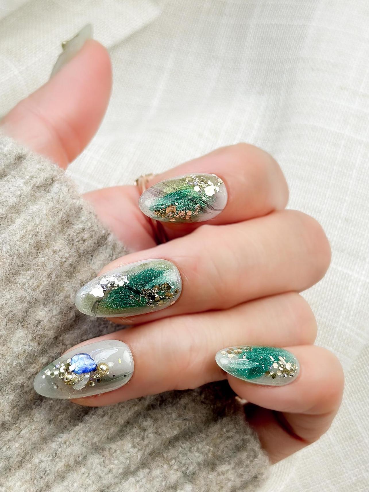 Mystic Plumage | Luxury Press On Nails | Teal Marble with Crystal Accents & Gold Foil