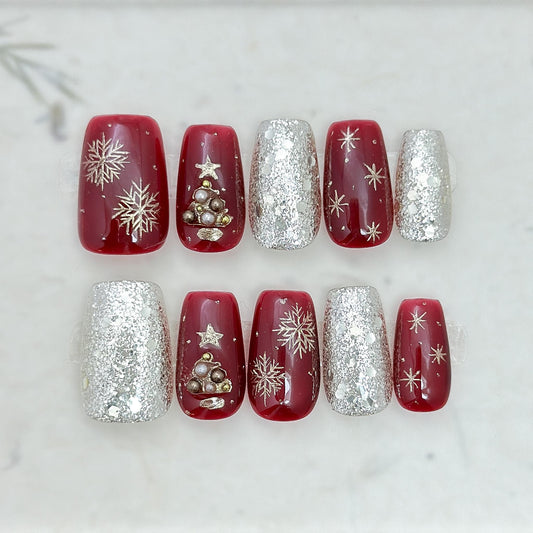 Crimson Noel | Luxury Press On Nails | Red and Silver Christmas Tree Holiday Style Press On Nails