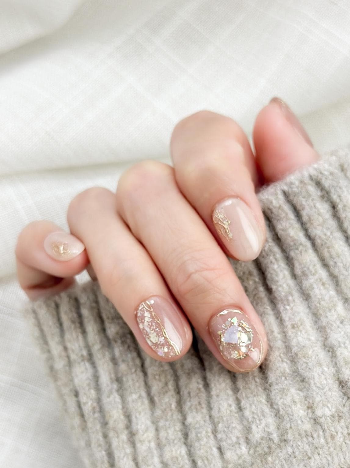 Opal Blush | Luxury Press On Nails | Blush Shimmer with Gold Foil Accents