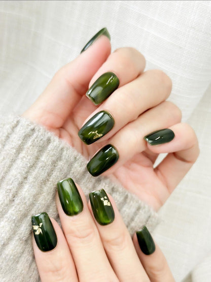 Gilded Jade | Luxury Press On Nails | Deep Green Marble with Gold Foil Accent