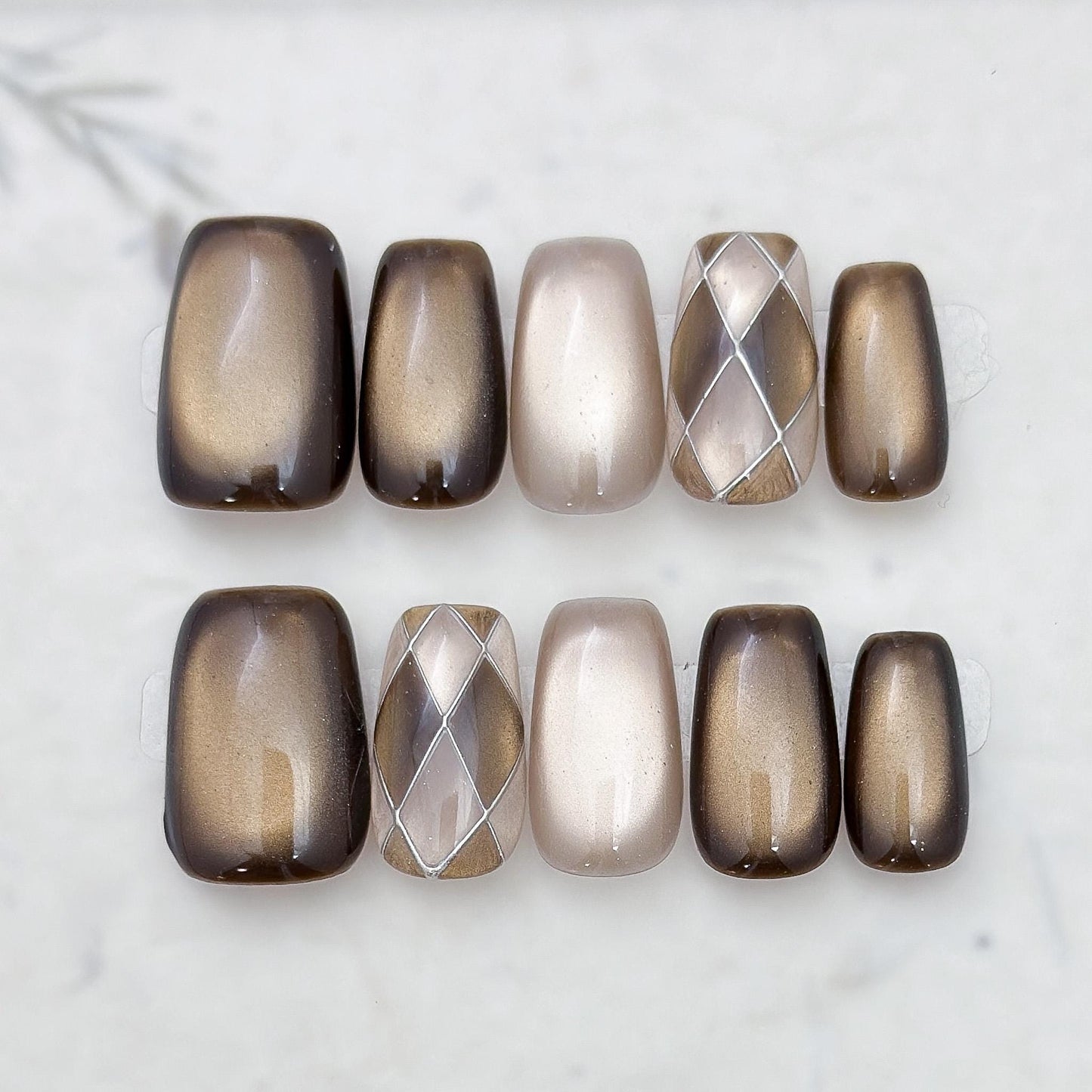 Cocoa Cashmere | Luxury Press On Nails | Cocoa Brown Cat Eye Argyle Accent