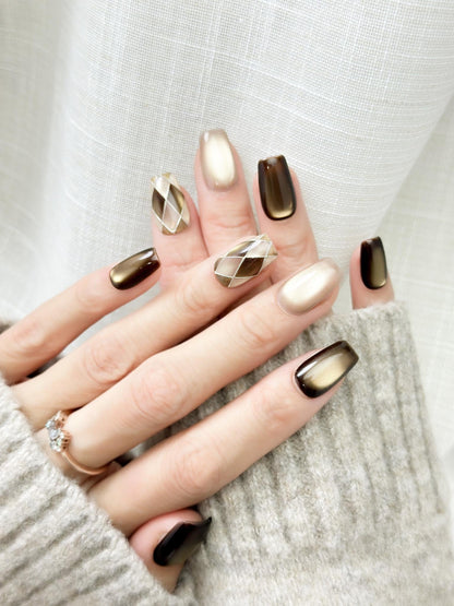 Cocoa Cashmere | Luxury Press On Nails | Cocoa Brown Cat Eye Argyle Accent