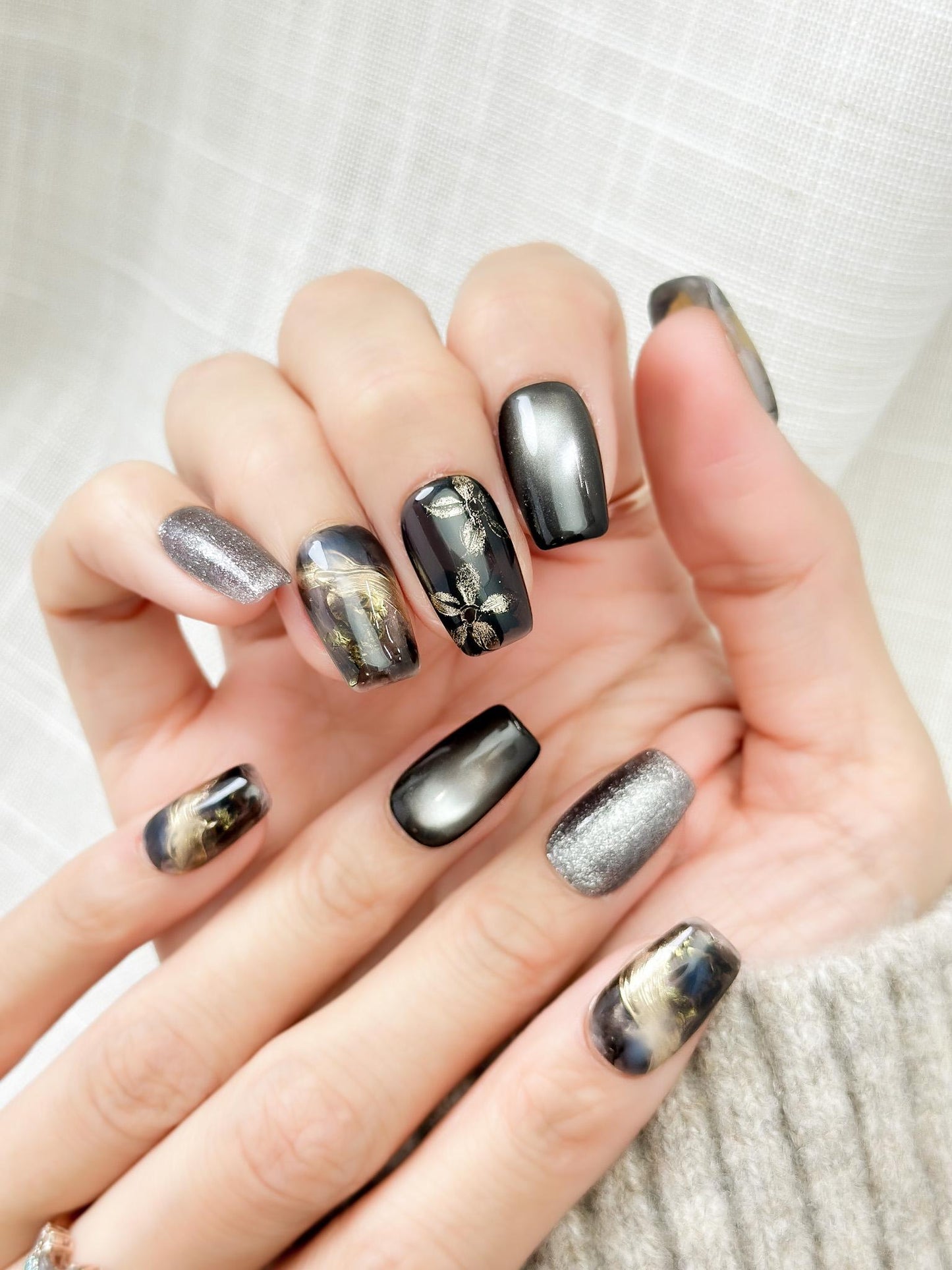 Obsidian Petals | Luxury Press On Nails | Black and Gold Marble with Floral Accents