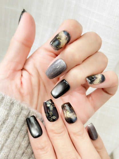 Obsidian Petals | Luxury Press On Nails | Black and Gold Marble with Floral Accents