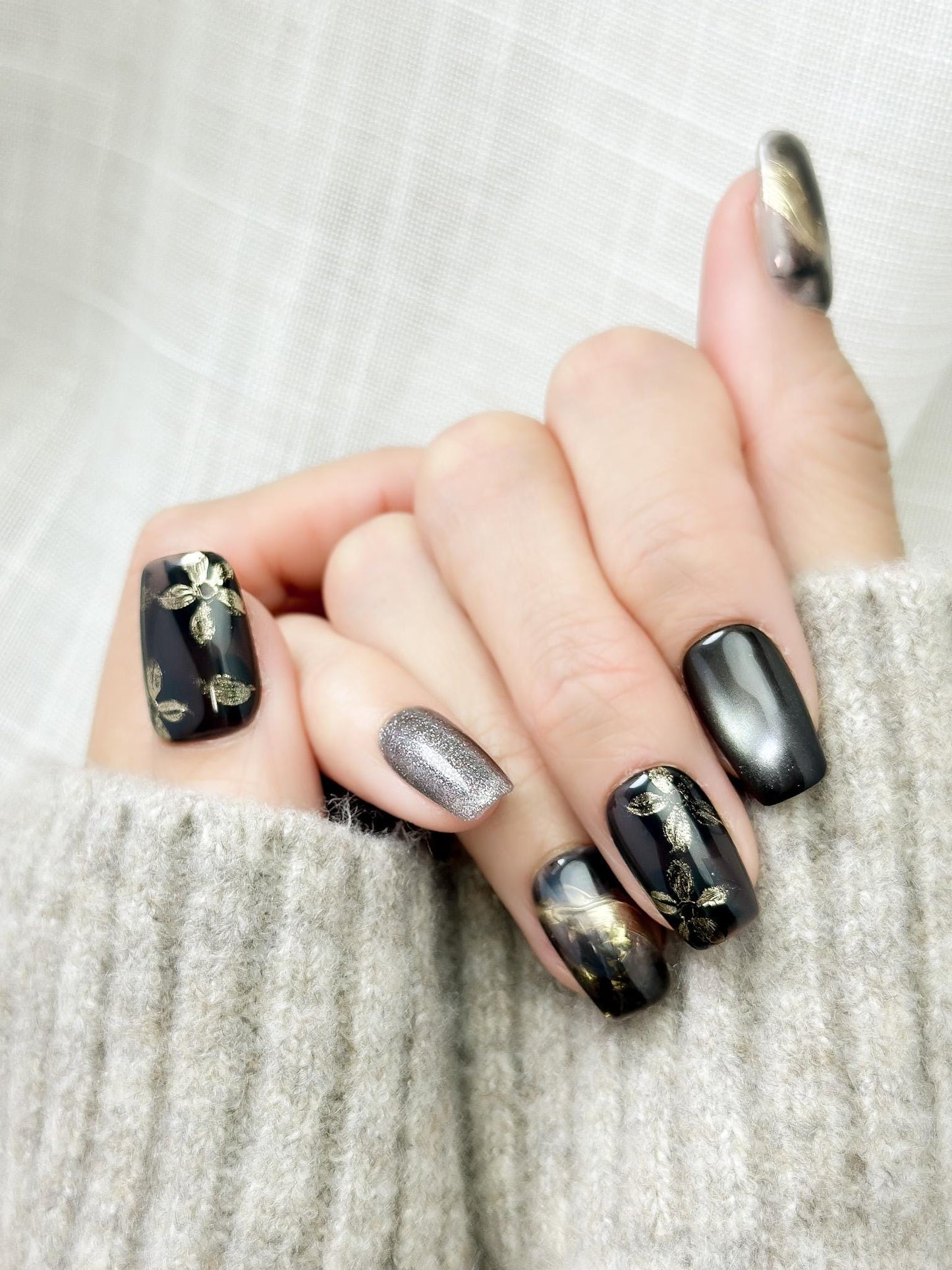 Obsidian Petals | Luxury Press On Nails | Black and Gold Marble with Floral Accents