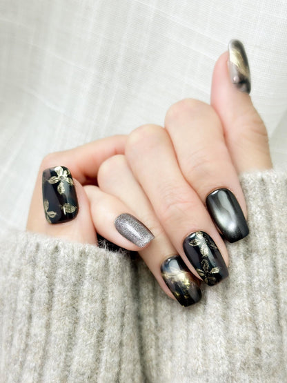 Obsidian Petals | Luxury Press On Nails | Black and Gold Marble with Floral Accents