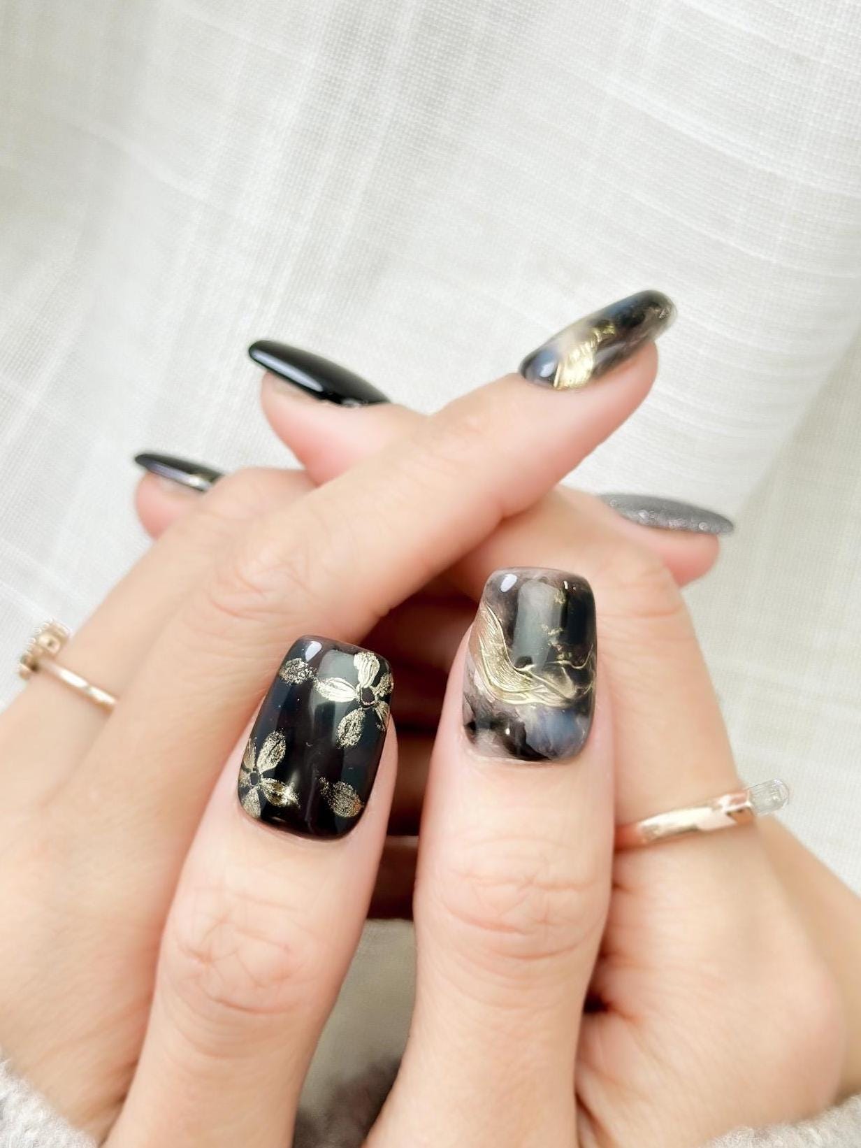 Obsidian Petals | Luxury Press On Nails | Black and Gold Marble with Floral Accents