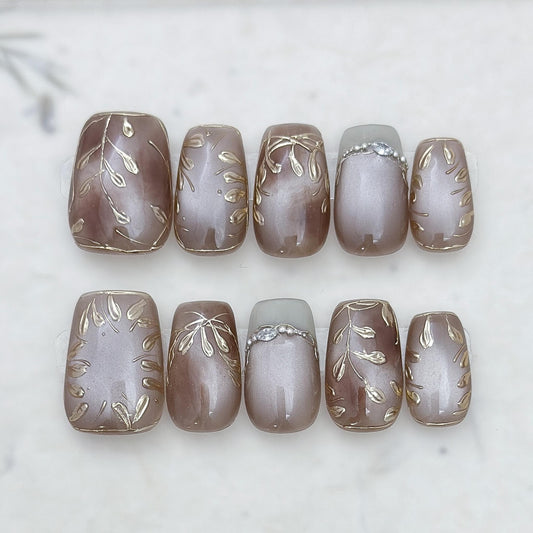 Sepia Grove | Luxury Press On Nails | Brown and Gold Cat Eye with Hand-Painted Leafy Accents