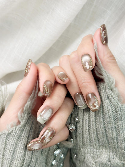 Sepia Grove | Luxury Press On Nails | Brown and Gold Cat Eye with Hand-Painted Leafy Accents