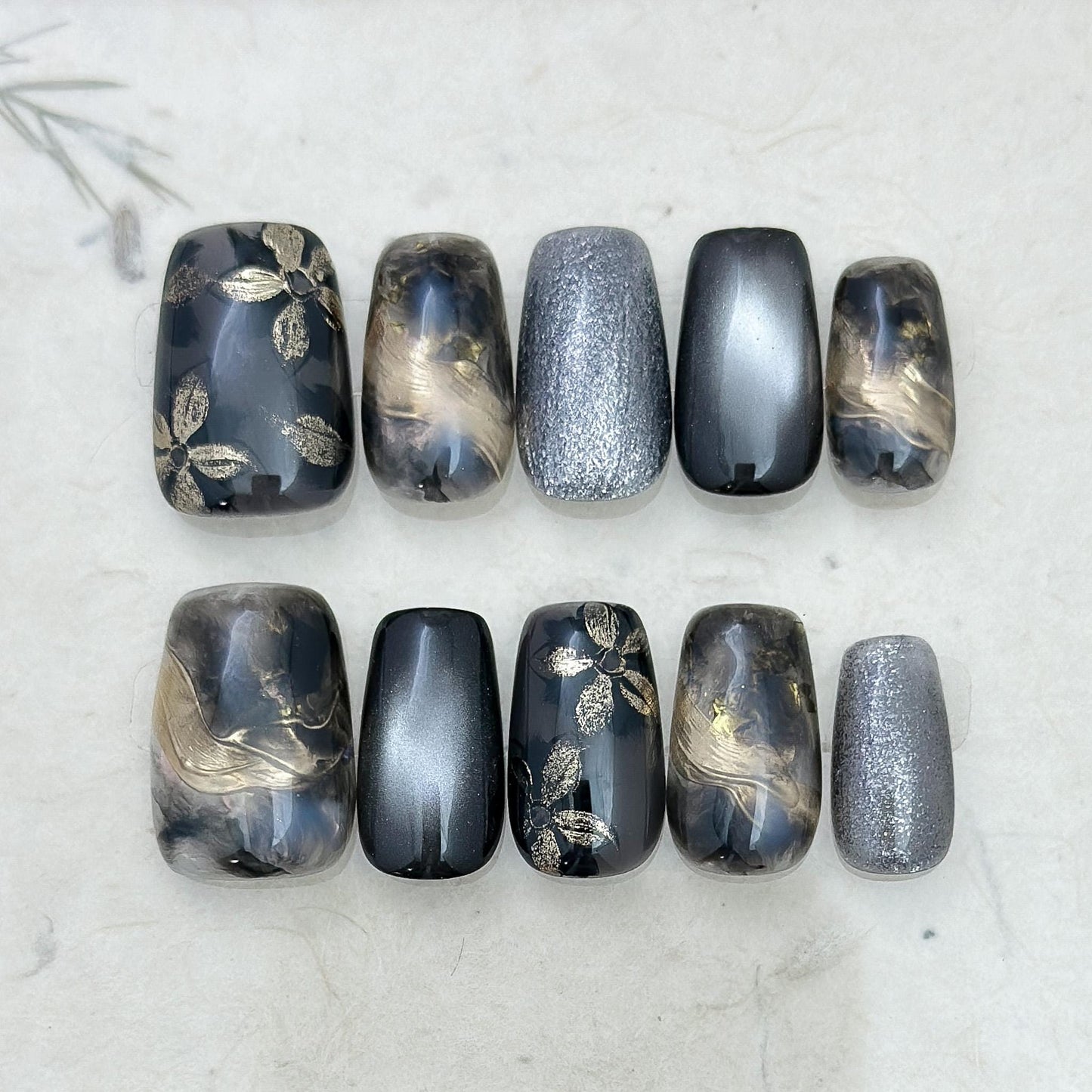 Obsidian Petals | Luxury Press On Nails | Black and Gold Marble with Floral Accents