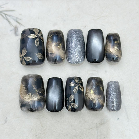 Obsidian Petals | Luxury Press On Nails | Black and Gold Marble with Floral Accents