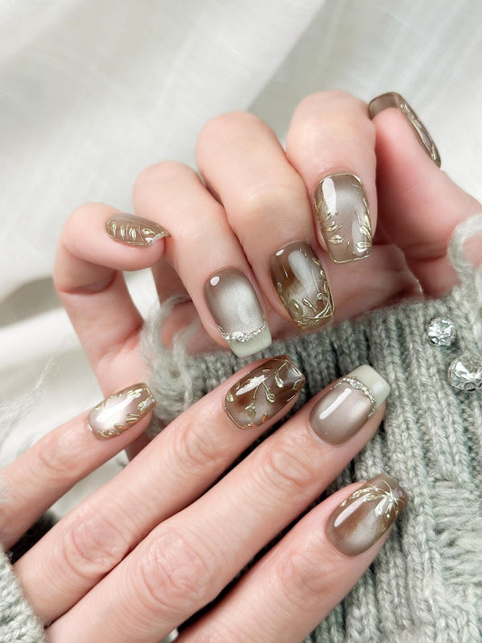 Sepia Grove | Luxury Press On Nails | Brown and Gold Cat Eye with Hand-Painted Leafy Accents