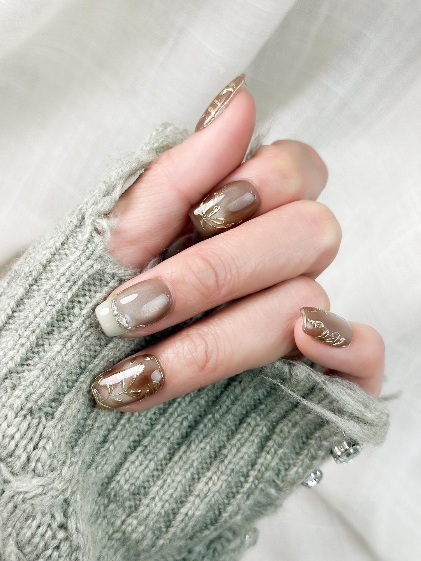 Sepia Grove | Luxury Press On Nails | Brown and Gold Cat Eye with Hand-Painted Leafy Accents