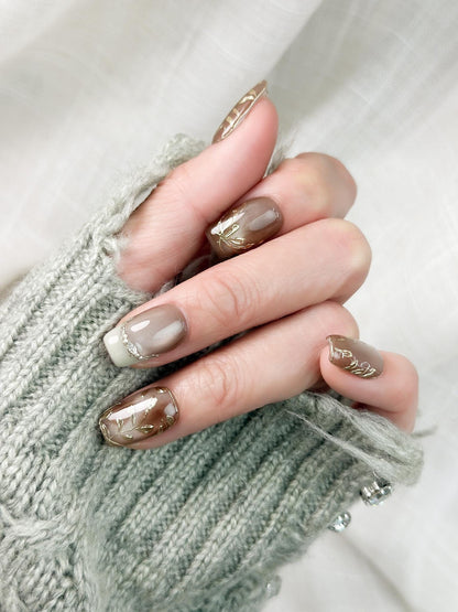 Sepia Grove | Luxury Press On Nails | Brown and Gold Cat Eye with Hand-Painted Leafy Accents
