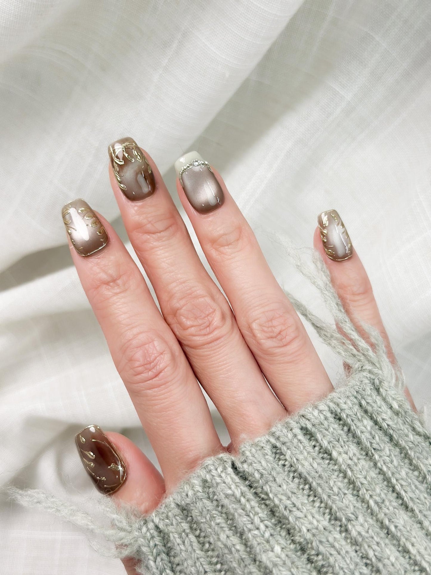Sepia Grove | Luxury Press On Nails | Brown and Gold Cat Eye with Hand-Painted Leafy Accents
