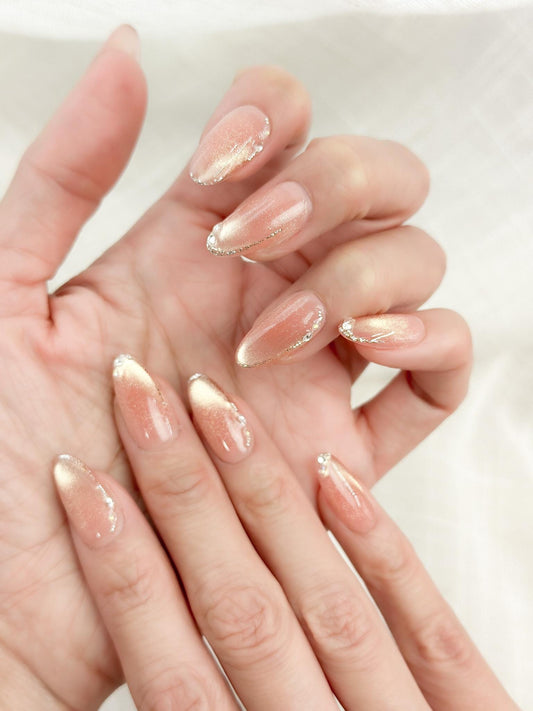 Apricot Blush | Luxury Press On Nails | Blush Pink Shimmery Cat Eye with Crystal Accents