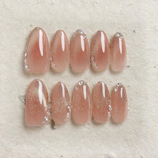 Apricot Blush | Luxury Press On Nails | Blush Pink Shimmery Cat Eye with Crystal Accents
